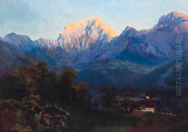 A Swiss Alpine Landscape Oil Painting by Edward Theodore Compton