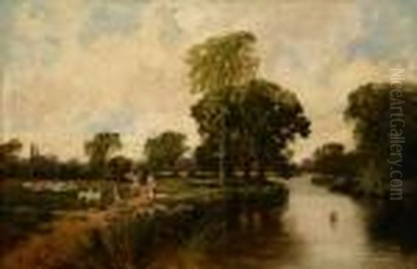 Figures On A Path With Sheep Resting In A Riverlandscape Oil Painting by James Scott Kinnear