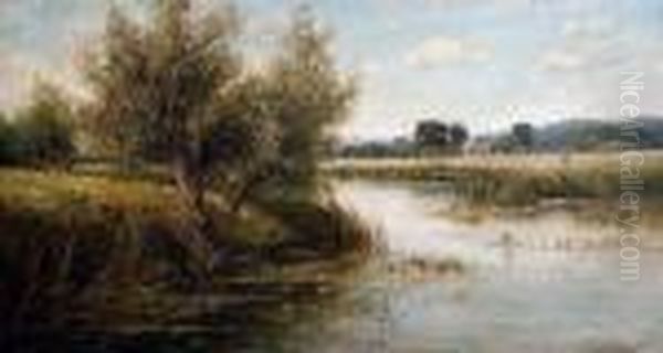 A River Landscape With Harvesters In Thedistance Oil Painting by Henry John Kinniard