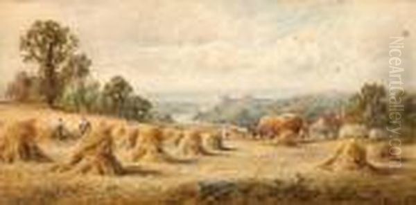 Harvest Time In The Fields Before Arundelcastle Oil Painting by Henry John Kinniard