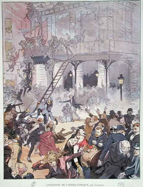 Fire at the Opera Comique, 25th May 1887 Oil Painting by Eugene Courboin