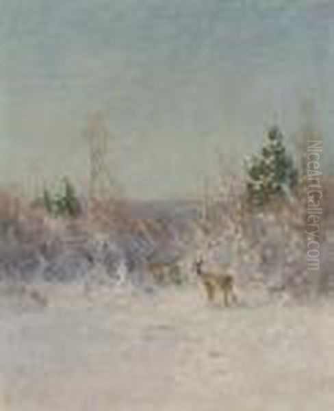 Sonniger Wintertag Mit Zwei Rehen Am Waldrand Oil Painting by Nelson Gray Kinsley