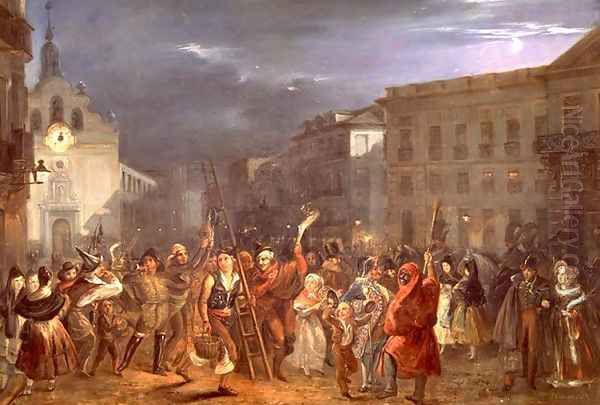 The Night of the Three Kings at Puerta del Sol, Madrid, 1839 Oil Painting by Jose Castelaro y Perea