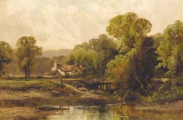 Figures before a cottage in a wooded river landscape Oil Painting by Octavius Thomas Clark