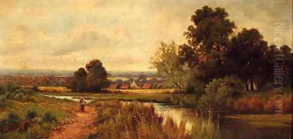 A figure on a path beside a river Oil Painting by Octavius Thomas Clark