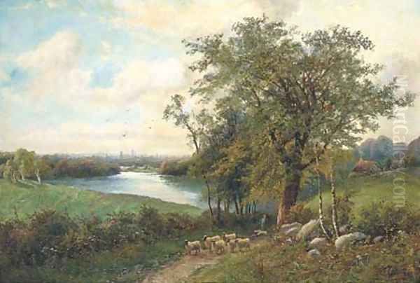 A shepherd with his flock on a riverside track Oil Painting by Octavius Thomas Clark