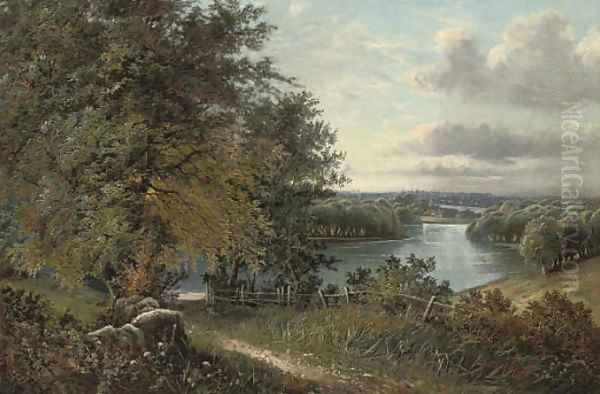 A wooded river landscape, a town beyond Oil Painting by Octavius Thomas Clark