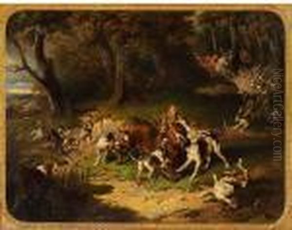 A Hunt, With Dogs Attacking A Stag Oil Painting by Carl Fredrik Kioerboe