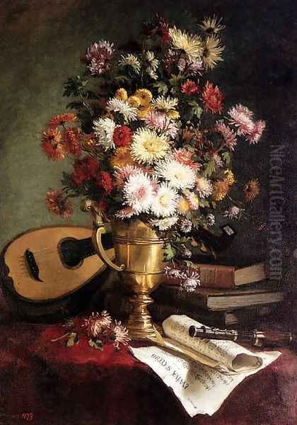 Dahlias In A Brass Ewer With A Mandolin, Books And A Clarinet On A Table Oil Painting by Julie Crouan