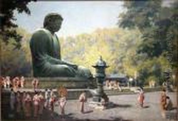 Belebte Szene Vor Der Grosen Buddha-statue Des Daibutsu In Kamakura Oil Painting by Erich Kips