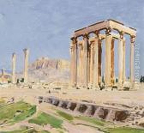 The Temple Of Olympian Zeus In Front Of The Acropolis Oil Painting by Erich Kips