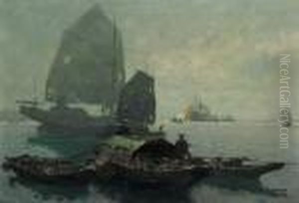 Rainy Day, Hong Kong Harbour Oil Painting by Erich Kips