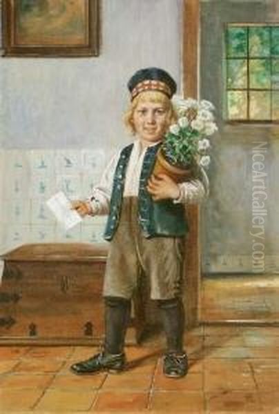 Der Gratulant (junge Mit 
Blumentopf Und Brief Fur Grospapa). Aquarell Auf Karton. 41 X 28,5 Cm. 
Signiert. Unter Glas Gerahmt. Oil Painting by Otto Karl Kirberg