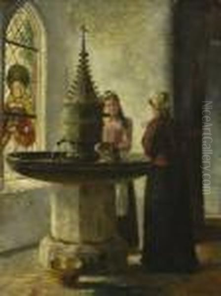 Zwei Junge Frauen Am Brunnen In
 Kloster Lune Oil Painting by Otto Karl Kirberg