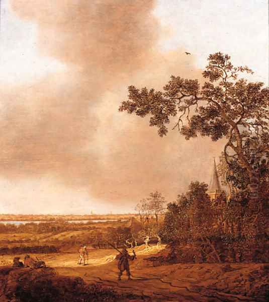 A falconer and travellers on a path in the dunes, a town in the distance Oil Painting by Anthony Jansz van der Croos