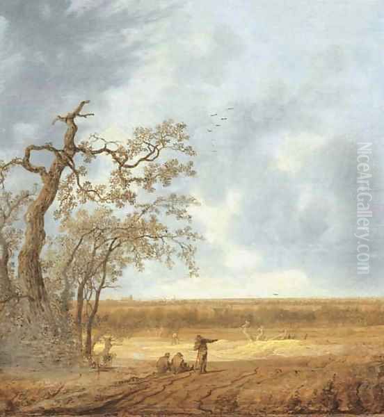 An extensive landscape with peasants conversing by a dead tree Oil Painting by Anthony Jansz van der Croos