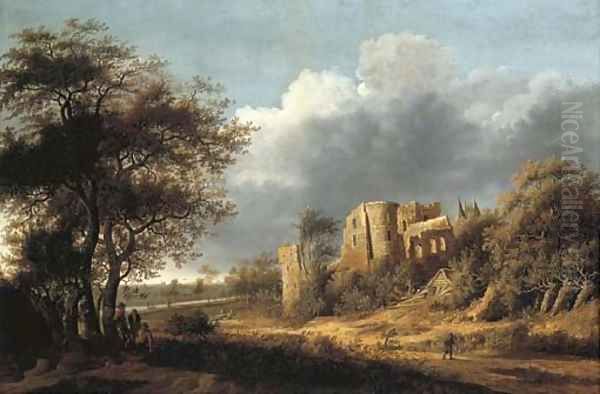 A landscape with the ruined castle of Egmond, a river beyond Oil Painting by Anthony Jansz van der Croos