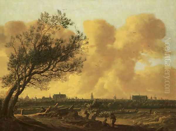 A panaromic view of Leiden with figures under a tree in the foreground Oil Painting by Anthony Jansz van der Croos