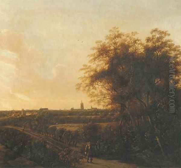 A wooded landscape with a sportsman and his dog on a sandy road, a view of The Hague in the distance Oil Painting by Anthony Jansz van der Croos