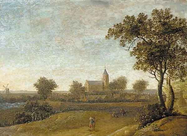 An extensive landscape travellers on a path, a walled town beyond Oil Painting by Anthony Jansz van der Croos