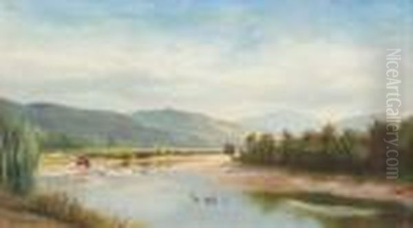 Cattle At The Riverside Oil Painting by Henry William Kirkwood