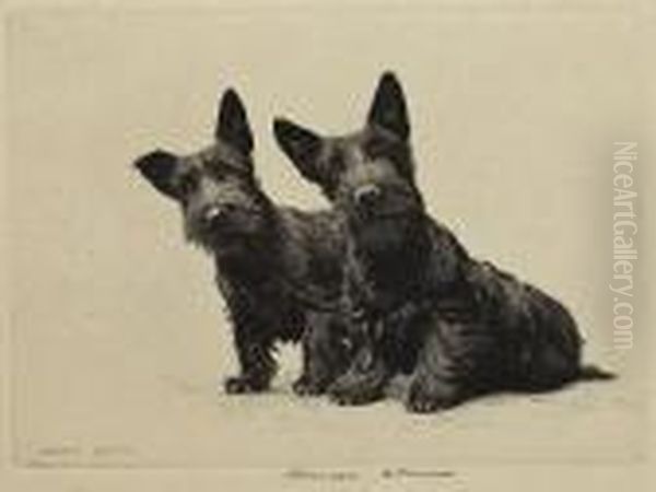 Terrier Chasing Kitten Together With Morgandennis, Two Scotties: Two Oil Painting by Marguerite Kirmse