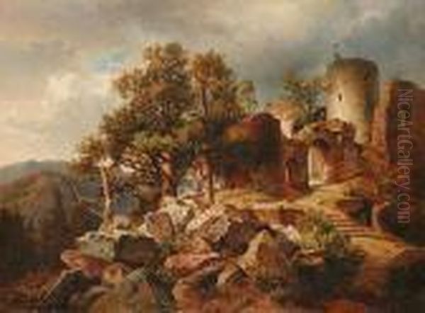 A Landscape With A Ruined Castle And A Fox Oil Painting by Alois Kirnig