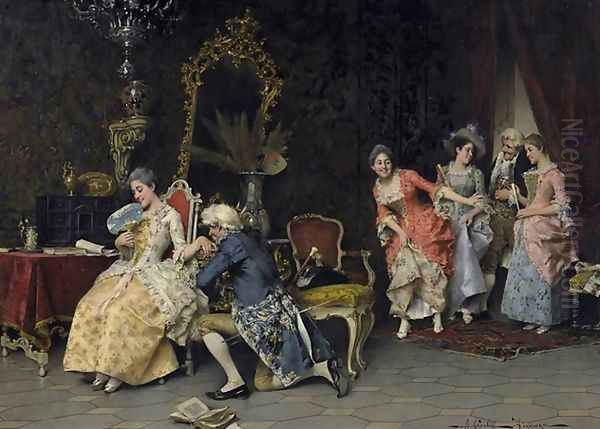 Galante advertisement. Distinguished society with the game in the salon Oil Painting by Adriano Cecchi