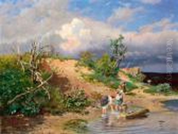 Lavandaie Sulle Sponde Del Fiume Oil Painting by Alexander Alexandrovich Kiselev