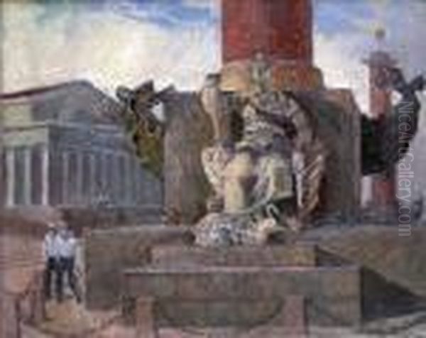  Les Deux Colonnes Rostrales De L'ile Vasilevsky Devant L'ancienne
 Bourse De Leningrad  Oil Painting by Alexander Alexandrovich Kiselev