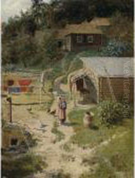 Farmstead With A Woman And Child Oil Painting by Alexander Alexandrovich Kiselev