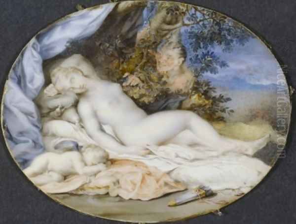 Venus and Cupid asleep spied upon by a satyr Oil Painting by Jacques Charlier