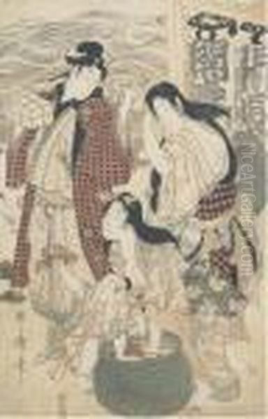 A Sheet From An Oban Triptych Oil Painting by Utamaro Ii Kitagawa