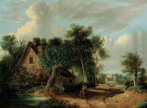 A wooded river landscape with figures before a cottage Oil Painting by Samuel David Colkett