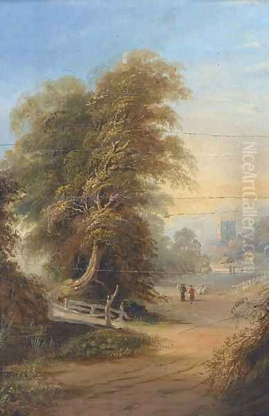 Figures on a wooded track with a church tower beyond Oil Painting by Samuel David Colkett