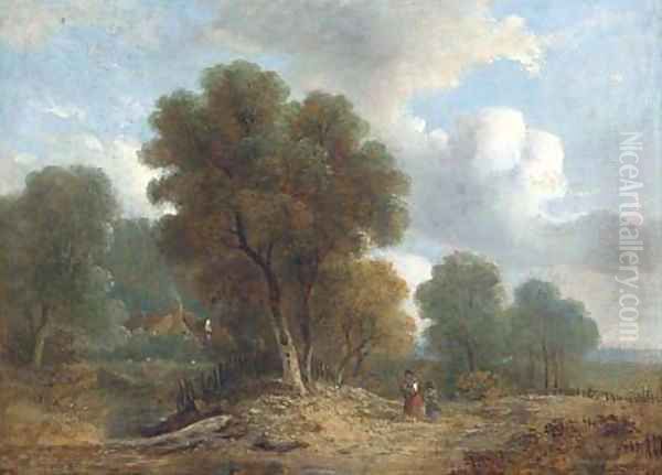 Figures on a wooded track, a cottage beyond Oil Painting by Samuel David Colkett