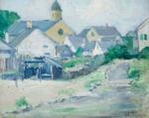 Village View With Church Steeple Oil Painting by Frederick Kitson Cowley