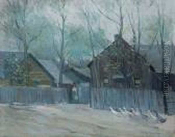 Houses In Winter With Geese Oil Painting by Frederick Kitson Cowley