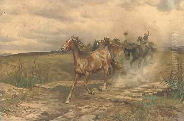 A buttero rounding up horses in the Roman campagna Oil Painting by Enrico Coleman