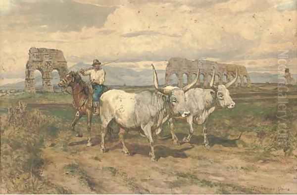 A buttero with his buffalo in the Roman campagna Oil Painting by Enrico Coleman