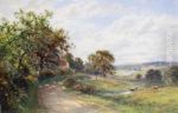 Sheep On A Country Lane, A River Valley Beyond Oil Painting by Roberto Angelo Kittermaster Marshall