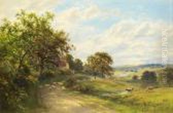 Sheep On A Country Lane, A River Valley Beyond Oil Painting by Roberto Angelo Kittermaster Marshall