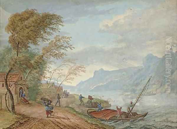 A river landscape in a storm with peasants on a track and boatmen steering a ferry Oil Painting by Louis Chalon