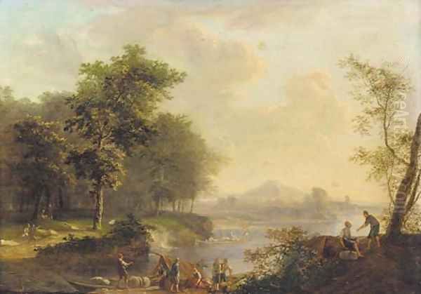 A Rhenish river landscape with peasants loading a barge Oil Painting by Louis Chalon