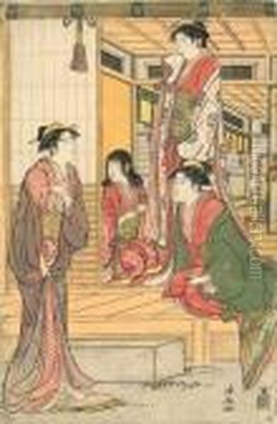 Trois Courtisanes Et Servante Sur Une Terrasse D'une Maison De The. Oil Painting by Torii Kiyonaga