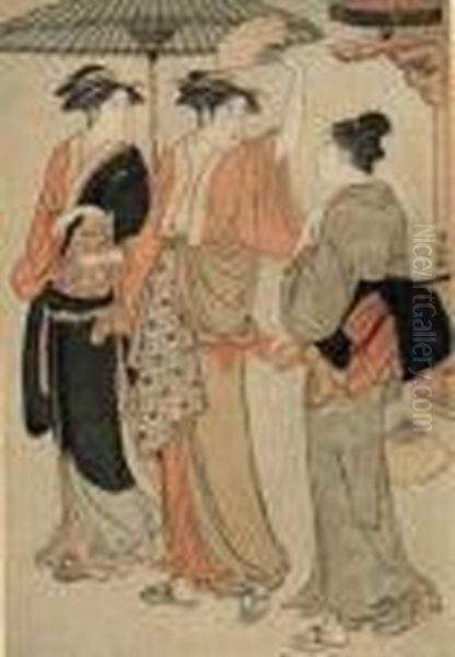 Trois Jeunes Femmes Sous Un Parasol Oil Painting by Torii Kiyonaga