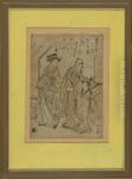 Depicting Three Figures On A Street Oil Painting by Torii Kiyonaga