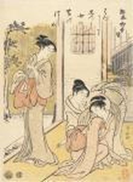 Three Ladies In An Interior Oil Painting by Torii Kiyonaga