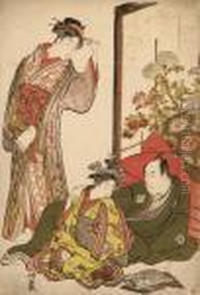 A Charming Scene Of The Actor 
Ichikawa Monnosuke Ii Lying Against A Bed In Front Of A Standing Screen 
Decorated With Chrysanthemums, He Has One Hand On The Shoulder Of A 
Kamuro Seated In Front Of Him While She Clasps His Hand With One Of 
Hers, An  Oil Painting by Torii Kiyonaga