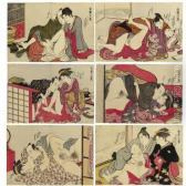 A Complete Shunga Set Entitled ````shikido Juniban' (twelve Scenes Of The Art Of Eros) Oil Painting by Torii Kiyonaga